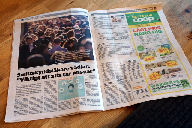 ローカル新聞では、スウェーデン語だけではなく英語とアラビア語でコロナへの対処法が記載されてました。