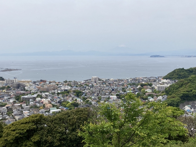 仙元山の中腹から江ノ島とぼんやり富士山を望む